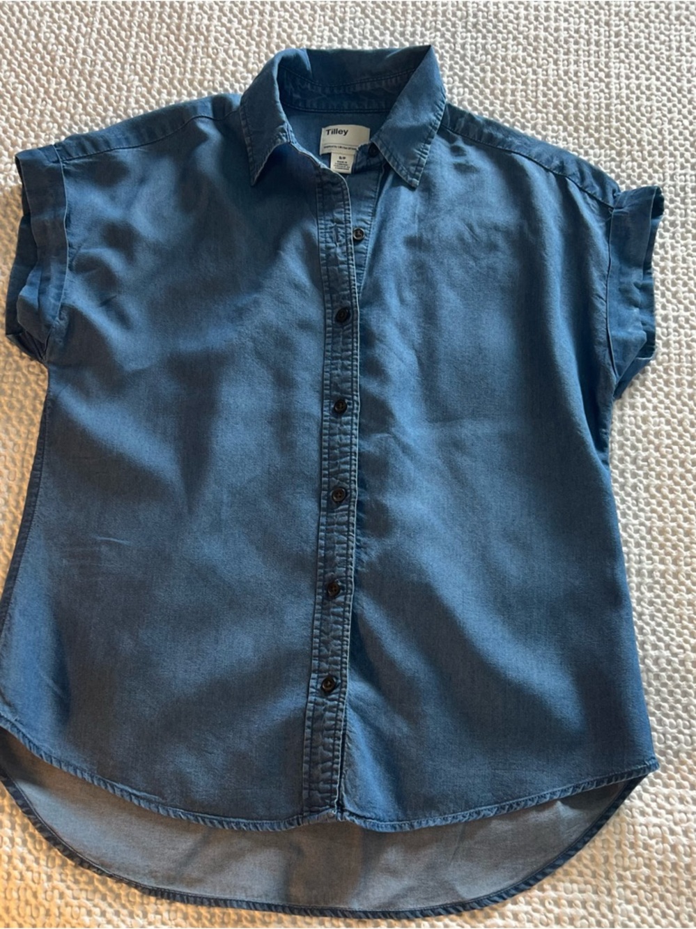 Tilley Denim Blue Tencel Cotton Short Sleeve Button-Down Casual Shirt-S